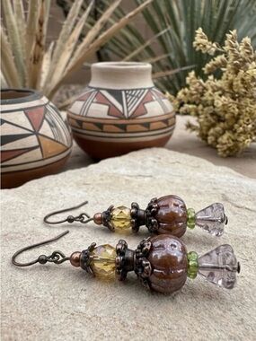 Hand Crafted Boho Czech Glass Pumpkin & Flower Drop Earrings Antique Copper NWT